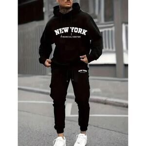 Manfinity Dauomo Men’s Letter Print Hoodie & Sweatpants Set, Drawstring, Size M